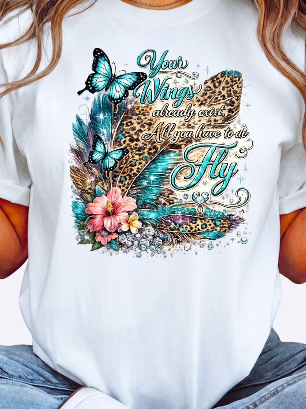 Graphic Shirt Inspirational Wings Trendy Short Sleeve Tee Womens Tops White